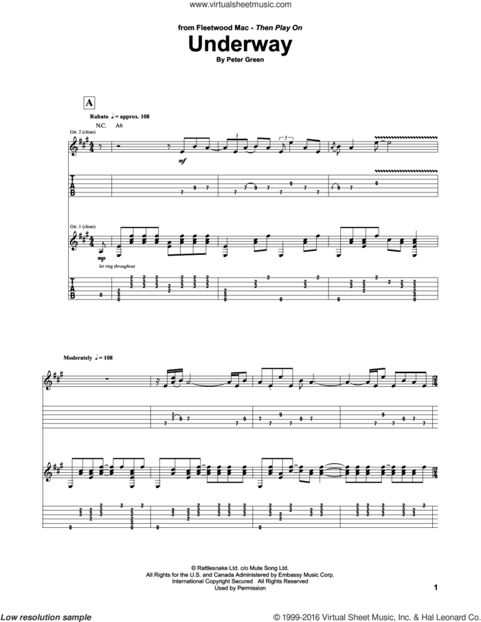 Underway sheet music for guitar (tablature) by Fleetwood Mac and Peter Green, intermediate skill level