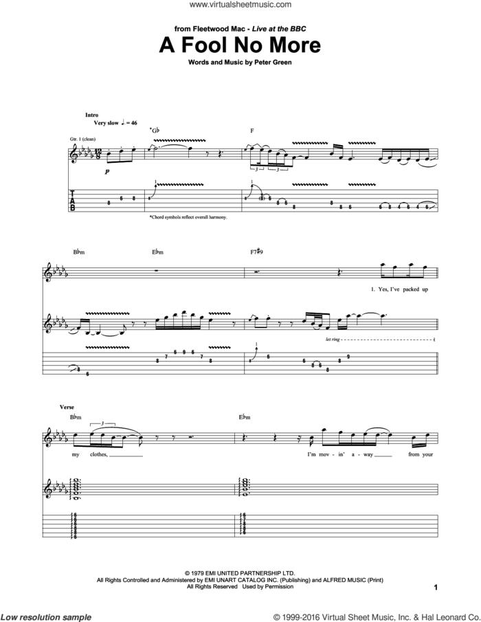 A Fool No More sheet music for guitar (tablature) by Fleetwood Mac and Peter Green, intermediate skill level