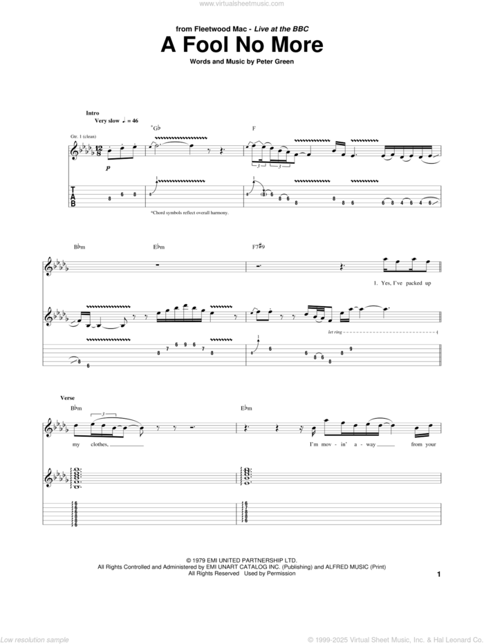 A Fool No More sheet music for guitar (tablature) by Fleetwood Mac and Peter Green, intermediate skill level