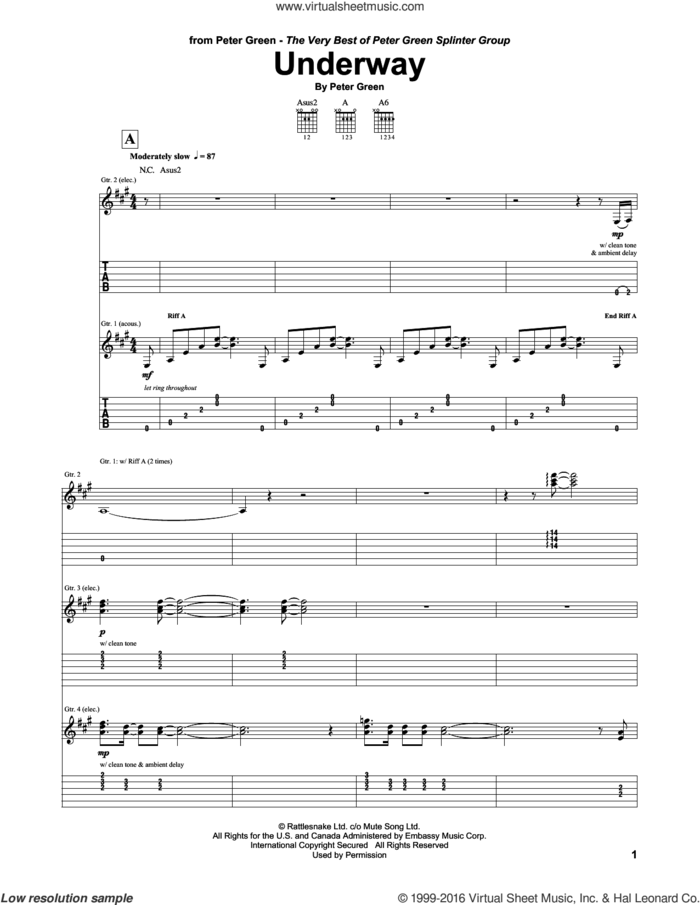 Underway sheet music for guitar (tablature) by Peter Green and Fleetwood Mac, intermediate skill level