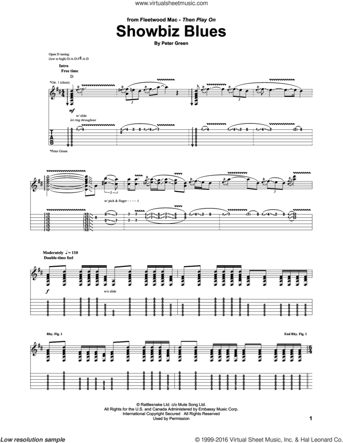 Showbiz Blues sheet music for guitar (tablature) by Fleetwood Mac and Peter Green, intermediate skill level