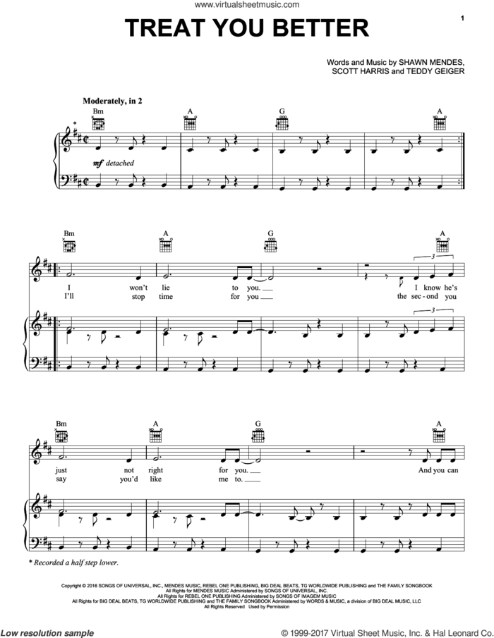 Treat You Better sheet music for voice, piano or guitar by Shawn Mendes, Scott Harris and Teddy Geiger, intermediate skill level