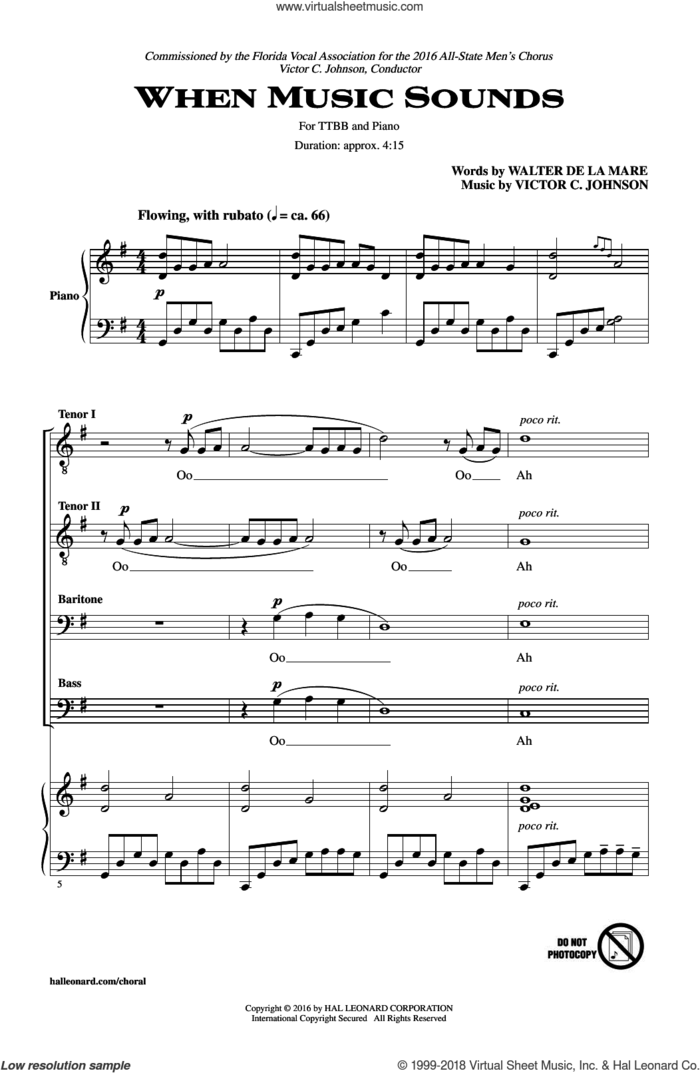 When Music Sounds sheet music for choir (TTBB: tenor, bass) by Victor Johnson and Walter De La Mare, intermediate skill level