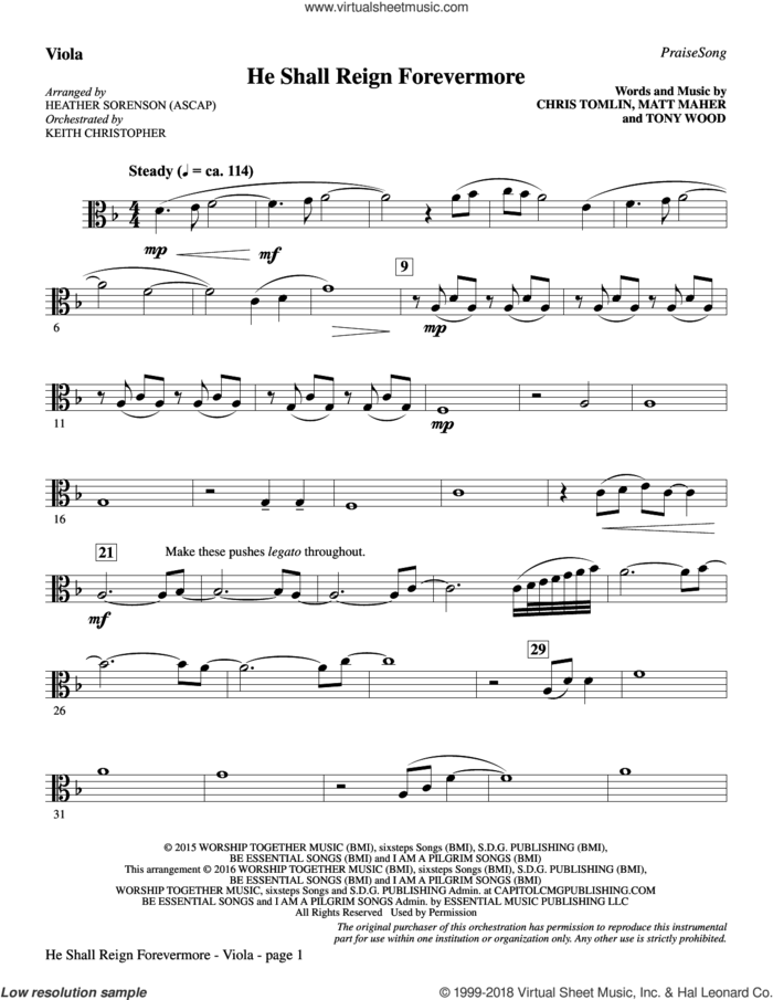 He Shall Reign Forevermore (with 'Angels We Have Heard on High') sheet music for orchestra/band (viola) by Heather Sorenson, James Chadwick and Miscellaneous, intermediate skill level