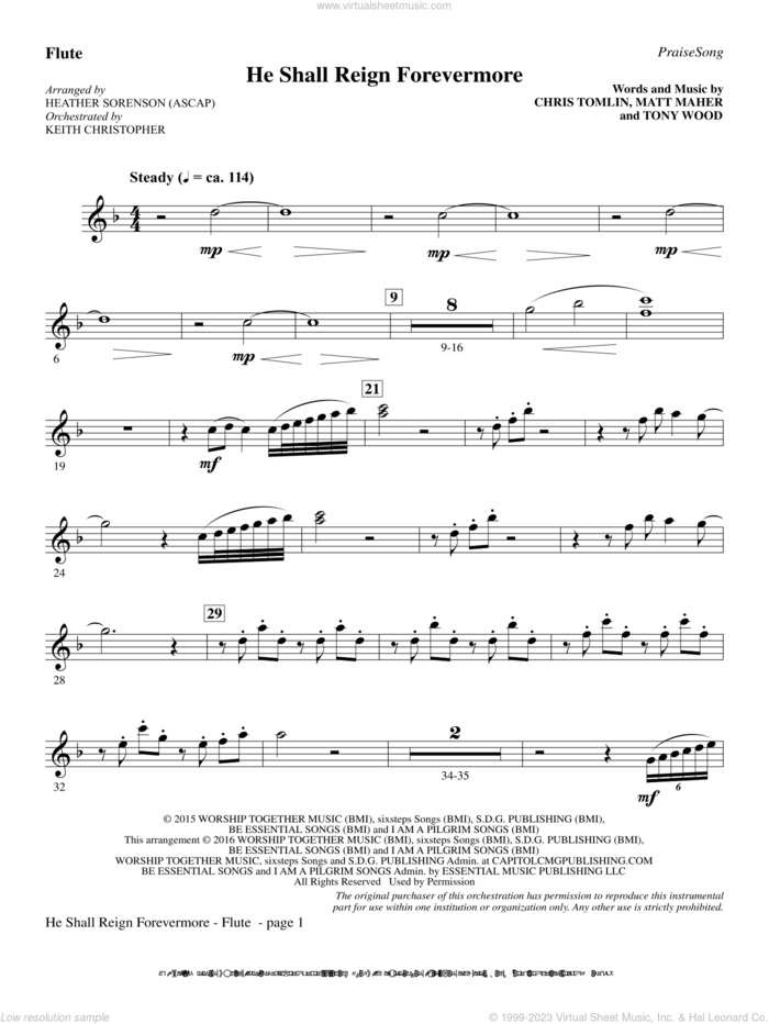 He Shall Reign Forevermore (with 'Angels We Have Heard on High') sheet music for orchestra/band (flute) by Heather Sorenson, James Chadwick and Miscellaneous, intermediate skill level