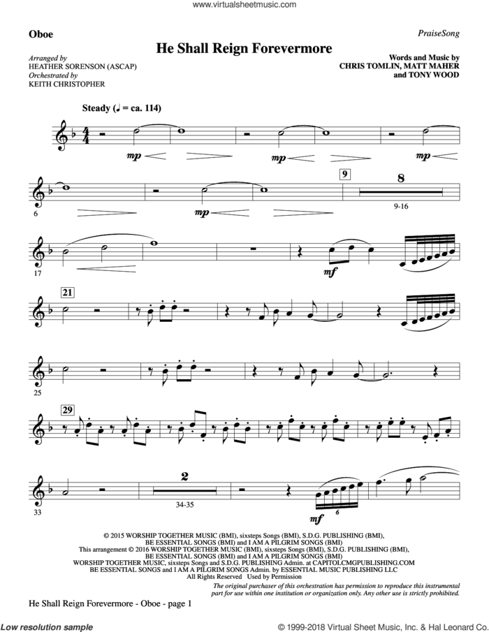 He Shall Reign Forevermore (with 'Angels We Have Heard on High') sheet music for orchestra/band (oboe) by Heather Sorenson, James Chadwick and Miscellaneous, intermediate skill level