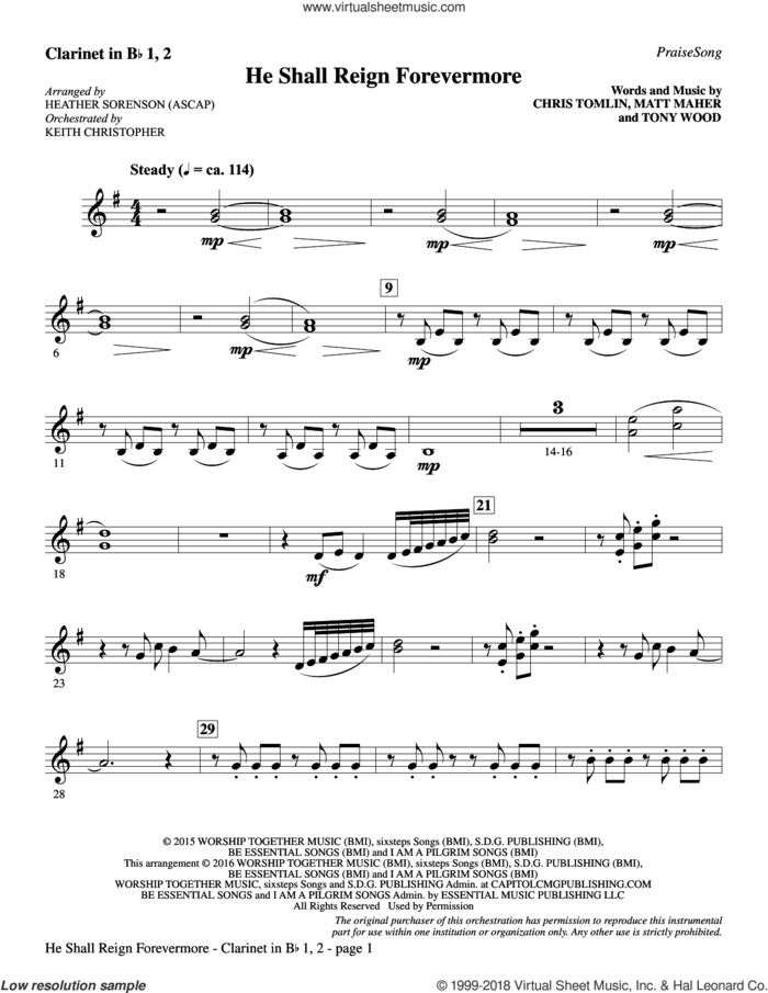 He Shall Reign Forevermore (with 'Angels We Have Heard on High') sheet music for orchestra/band (clarinet in Bb 1, 2) by Heather Sorenson, James Chadwick and Miscellaneous, intermediate skill level