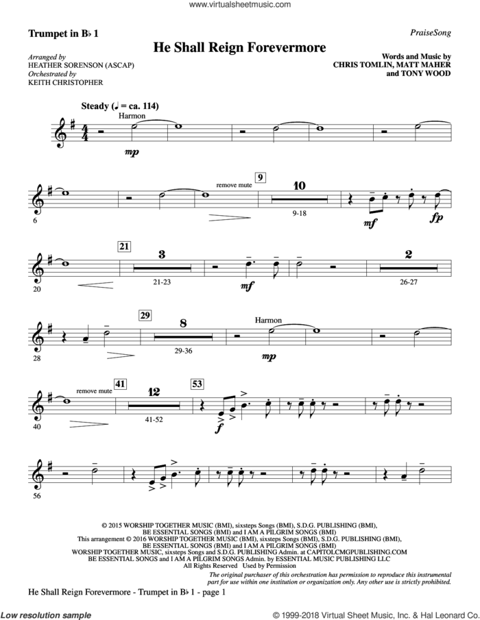 He Shall Reign Forevermore (with 'Angels We Have Heard on High') sheet music for orchestra/band (Bb trumpet 1) by Heather Sorenson, James Chadwick and Miscellaneous, intermediate skill level