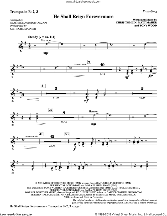 He Shall Reign Forevermore (with 'Angels We Have Heard on High') sheet music for orchestra/band (Bb trumpet 2, 3) by Heather Sorenson, James Chadwick and Miscellaneous, intermediate skill level
