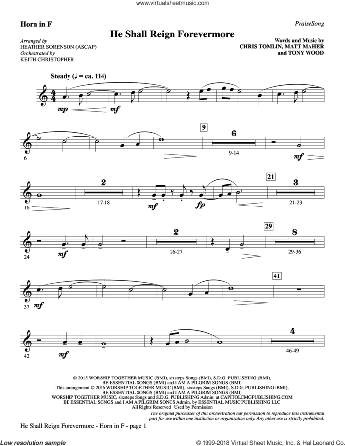 He Shall Reign Forevermore (with 'Angels We Have Heard on High') sheet music for orchestra/band (horn in f) by Heather Sorenson, James Chadwick and Miscellaneous, intermediate skill level