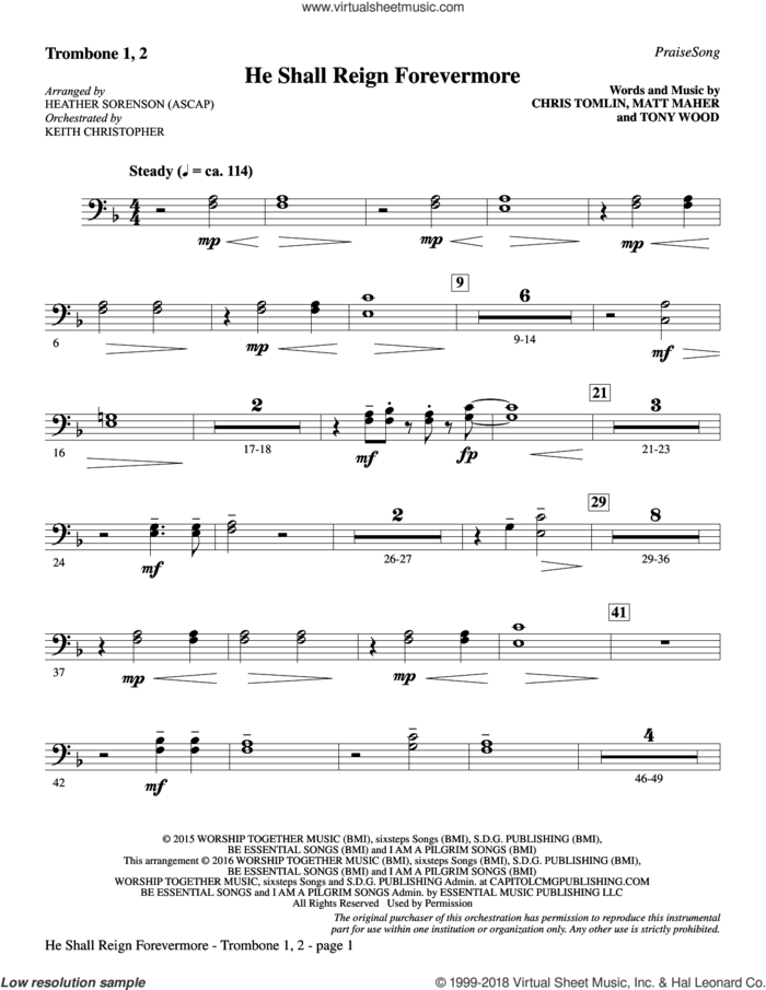 He Shall Reign Forevermore (with 'Angels We Have Heard on High') sheet music for orchestra/band (trombone 1,2) by Heather Sorenson, James Chadwick and Miscellaneous, intermediate skill level