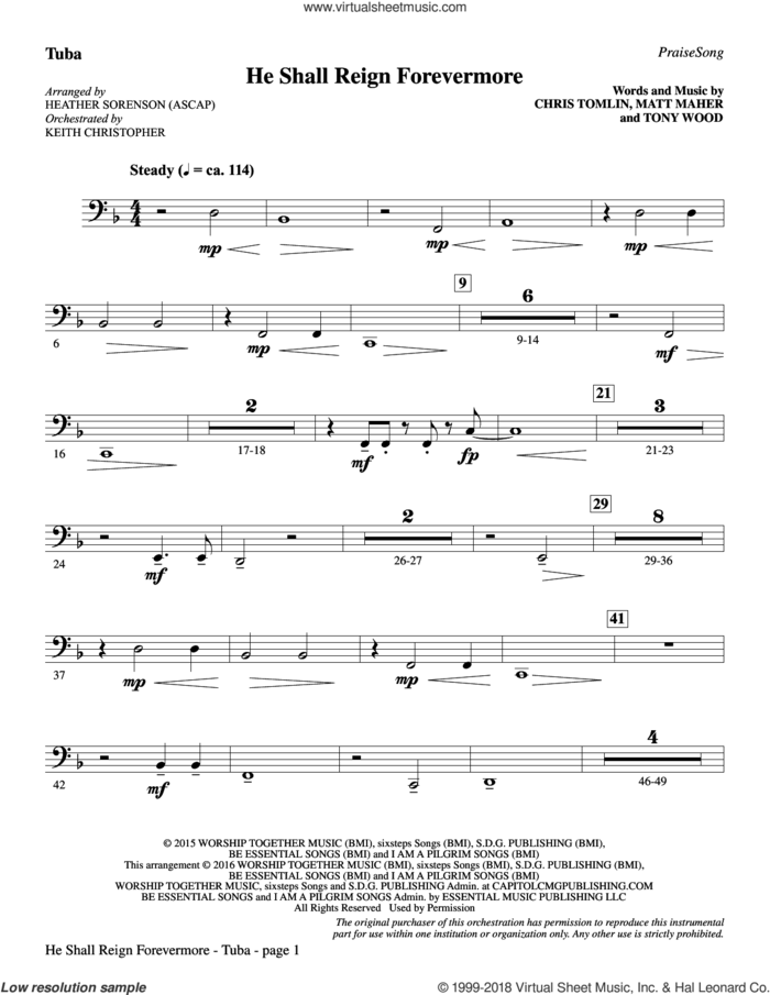 He Shall Reign Forevermore (with 'Angels We Have Heard on High') sheet music for orchestra/band (tuba) by Heather Sorenson, James Chadwick and Miscellaneous, intermediate skill level