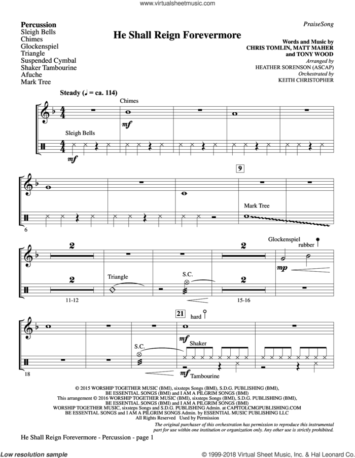 He Shall Reign Forevermore (with 'Angels We Have Heard on High') sheet music for orchestra/band (percussion) by Heather Sorenson, James Chadwick and Miscellaneous, intermediate skill level