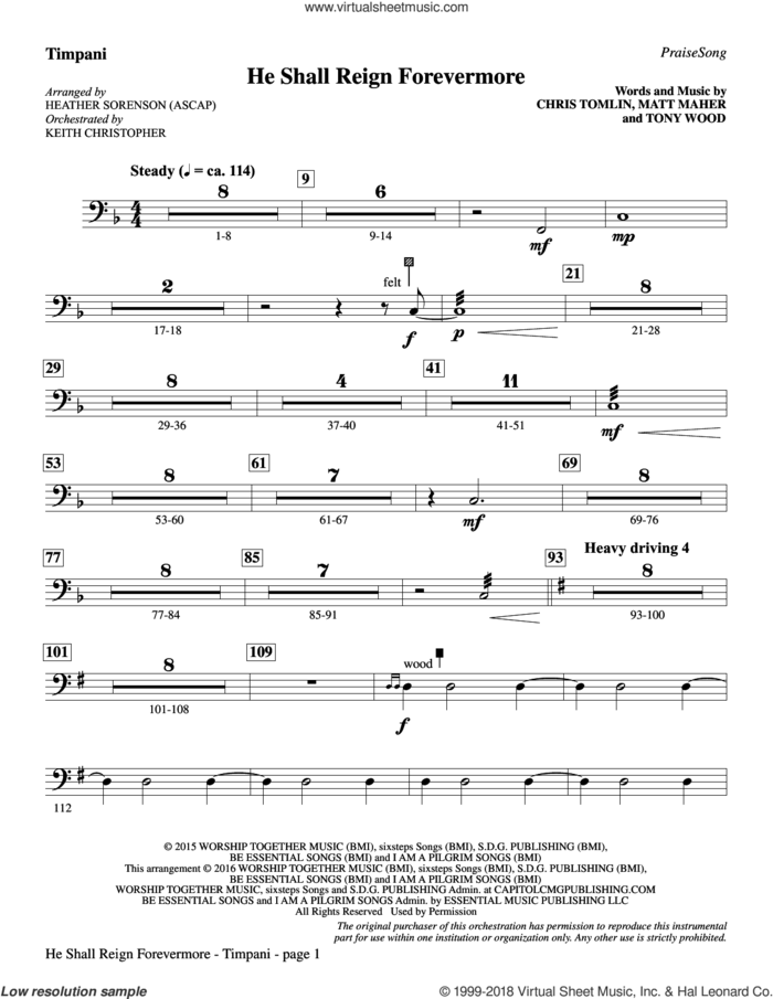 He Shall Reign Forevermore (with 'Angels We Have Heard on High') sheet music for orchestra/band (timpani) by Heather Sorenson, James Chadwick and Miscellaneous, intermediate skill level