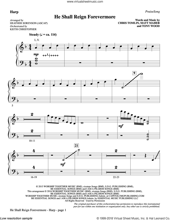 He Shall Reign Forevermore (with 'Angels We Have Heard on High') sheet music for orchestra/band (harp) by Heather Sorenson, James Chadwick and Miscellaneous, intermediate skill level