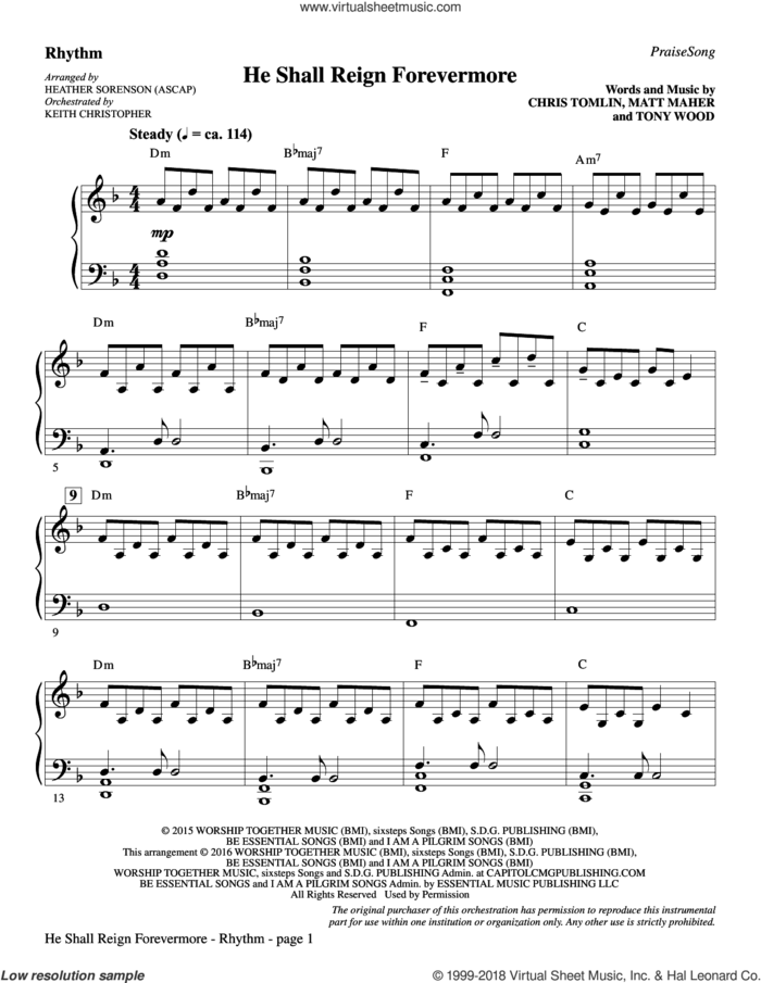 He Shall Reign Forevermore (with 'Angels We Have Heard on High') sheet music for orchestra/band (rhythm) by Heather Sorenson, James Chadwick and Miscellaneous, intermediate skill level