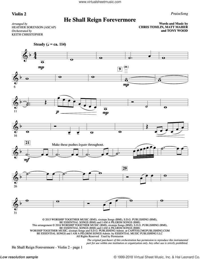 He Shall Reign Forevermore (with 'Angels We Have Heard on High') sheet music for orchestra/band (violin 2) by Heather Sorenson, James Chadwick and Miscellaneous, intermediate skill level