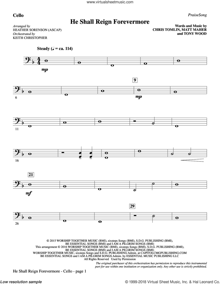 He Shall Reign Forevermore (with 'Angels We Have Heard on High') sheet music for orchestra/band (cello) by Heather Sorenson, James Chadwick and Miscellaneous, intermediate skill level