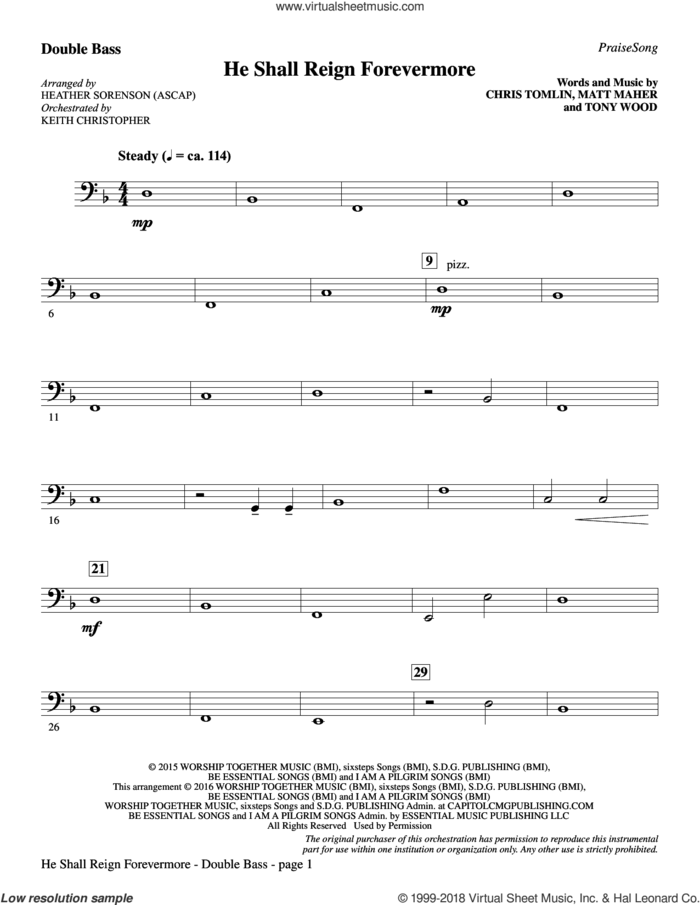 He Shall Reign Forevermore (with 'Angels We Have Heard on High') sheet music for orchestra/band (double bass) by Heather Sorenson, James Chadwick and Miscellaneous, intermediate skill level