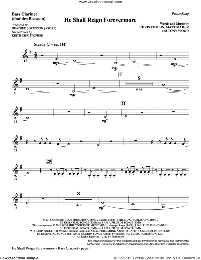 He Shall Reign Forevermore (with 'Angels We Have Heard on High') sheet music for orchestra/band (bass clarinet, sub. tuba) by Heather Sorenson, James Chadwick and Miscellaneous, intermediate skill level