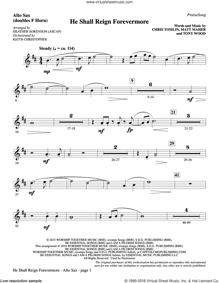 He Shall Reign Forevermore (with 'Angels We Have Heard on High') sheet music for orchestra/band (alto sax, sub. horn) by Heather Sorenson, James Chadwick and Miscellaneous, intermediate skill level