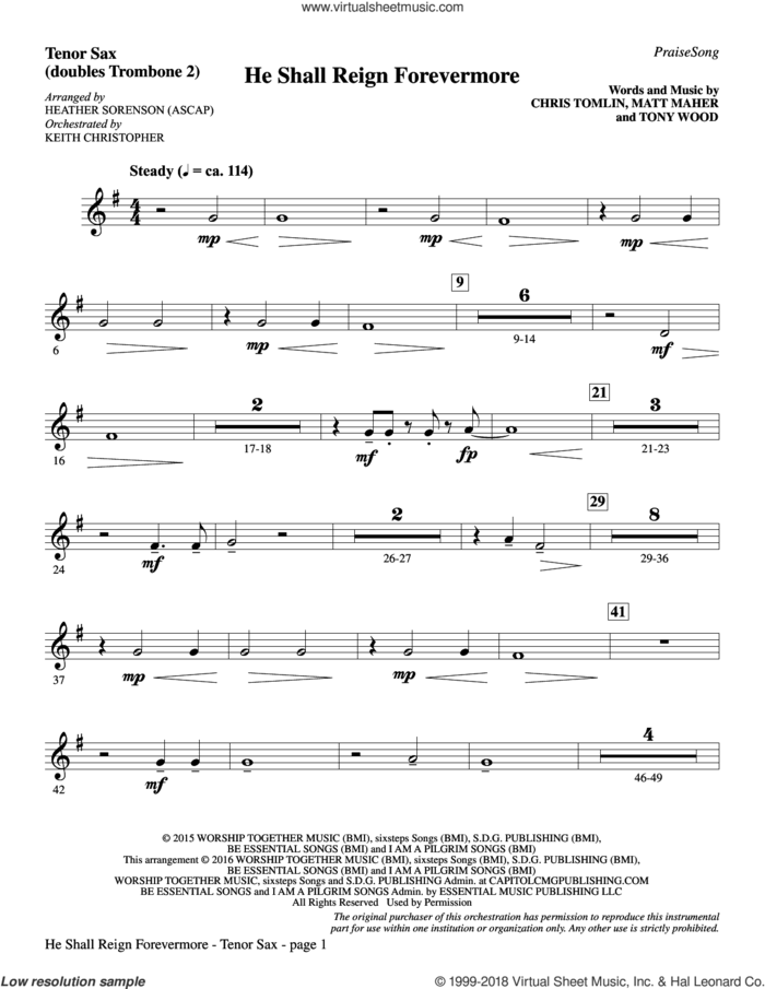 He Shall Reign Forevermore (with 'Angels We Have Heard on High') sheet music for orchestra/band (tenor sax, sub. tbn 2) by Heather Sorenson, James Chadwick and Miscellaneous, intermediate skill level