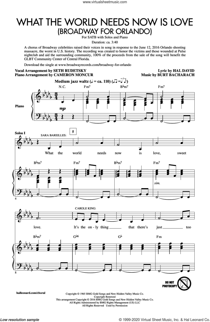 What The World Needs Now Is Love sheet music for choir (SATB: soprano, alto, tenor, bass) by Seth Rudetsky, Audra McDonald, Bernadette Peters, Brian Stokes Mitchell, Burt Bacharach, Cameron Moncur, Hal David, Idina Menzel and Jackie DeShannon, intermediate skill level
