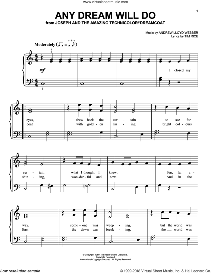 Any Dream Will Do sheet music for piano solo by Andrew Lloyd Webber and Tim Rice, beginner skill level