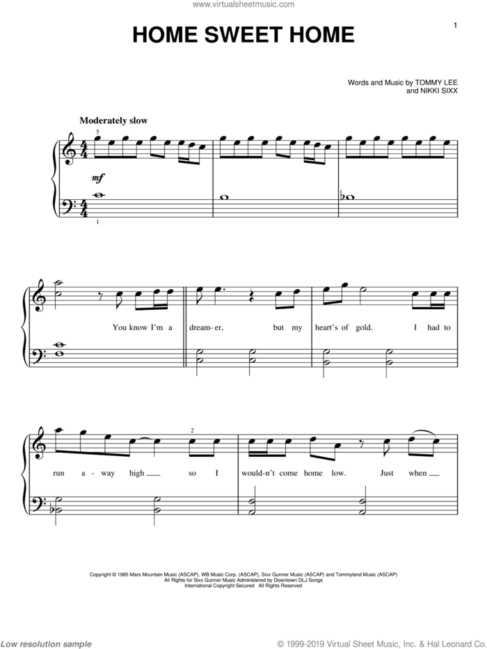Home Sweet Home sheet music for piano solo by Motley Crue, Nikki Sixx and Tommy Lee, beginner skill level