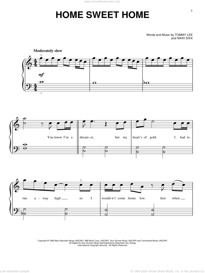 Home Sweet Home sheet music for piano solo by Motley Crue, Nikki Sixx and Tommy Lee, beginner skill level