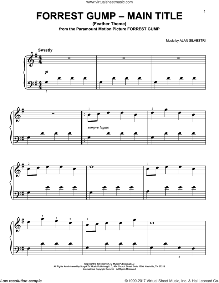 Forrest Gump - Main Title (Feather Theme), (beginner) sheet music for piano solo by Alan Silvestri, classical score, beginner skill level
