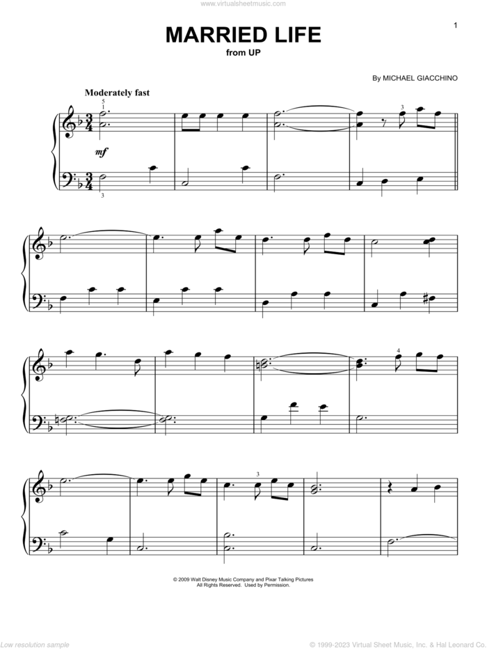 Married Life (from Up), (beginner) sheet music for piano solo by Michael Giacchino, beginner skill level