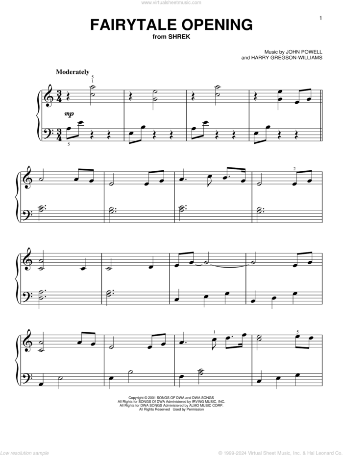 Fairytale Opening sheet music for piano solo by John Powell and Harry Gregson-Williams, beginner skill level