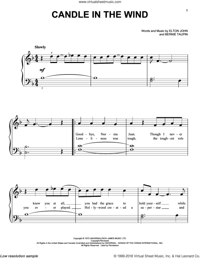 Candle In The Wind, (beginner) sheet music for piano solo by Elton John and Bernie Taupin, beginner skill level