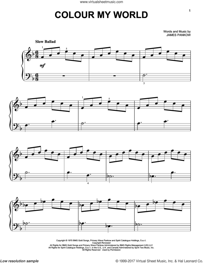 Colour My World sheet music for piano solo by Chicago and James Pankow, beginner skill level