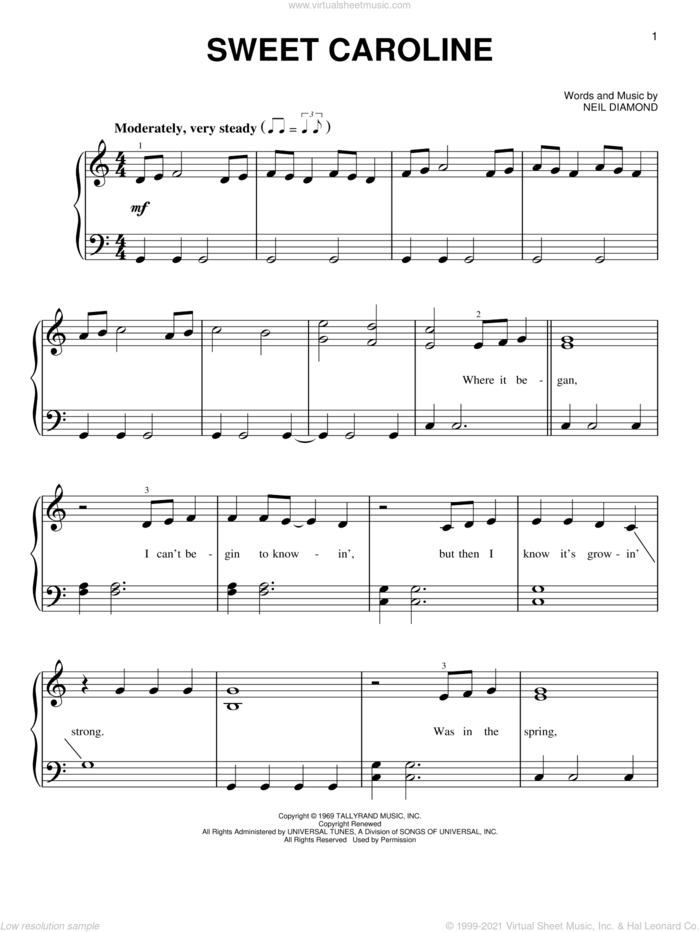 Sweet Caroline, (beginner) sheet music for piano solo by Neil Diamond, beginner skill level