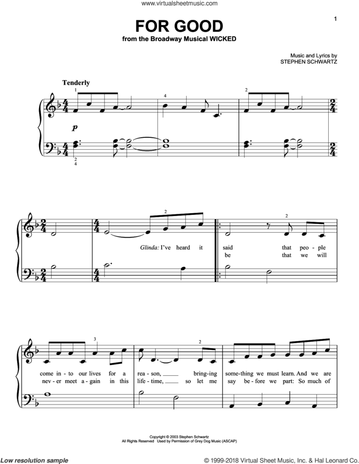 For Good (from Wicked), (beginner) sheet music for piano solo by Stephen Schwartz, beginner skill level