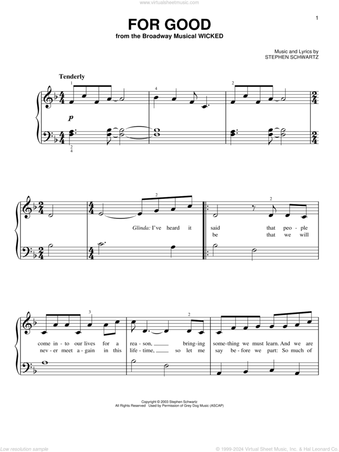 For Good (from Wicked), (beginner) sheet music for piano solo by Stephen Schwartz, beginner skill level