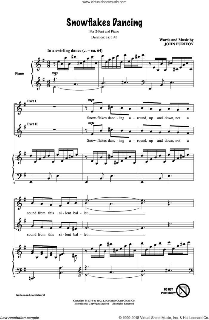 Snowflakes Dancing sheet music for choir (2-Part) by John Purifoy, intermediate duet