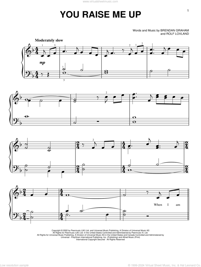 You Raise Me Up, (beginner) sheet music for piano solo by Josh Groban, Secret Garden, Brendan Graham, Rolf LAuvland and Rolf Lovland, wedding score, beginner skill level