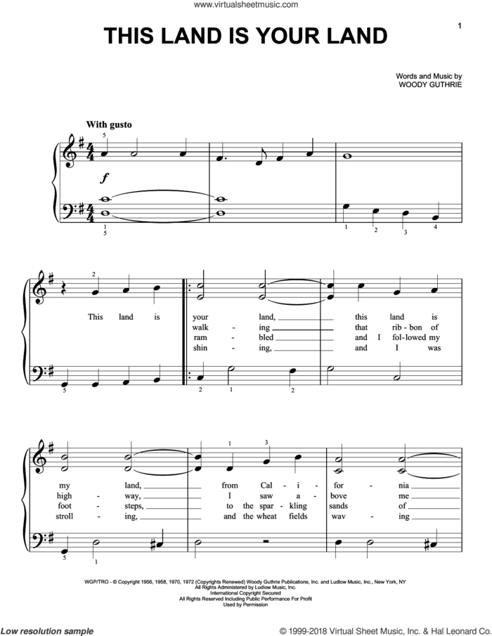 This Land Is Your Land sheet music for piano solo by Woody Guthrie, New Christy Minstrels, Peter, Paul & Mary and Woody & Arlo Guthrie, beginner skill level