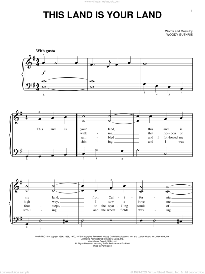 This Land Is Your Land sheet music for piano solo by Woody Guthrie, New Christy Minstrels, Peter, Paul & Mary and Woody & Arlo Guthrie, beginner skill level