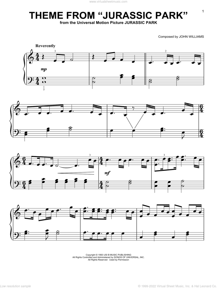 Theme From Jurassic Park sheet music for piano solo by John Williams, beginner skill level