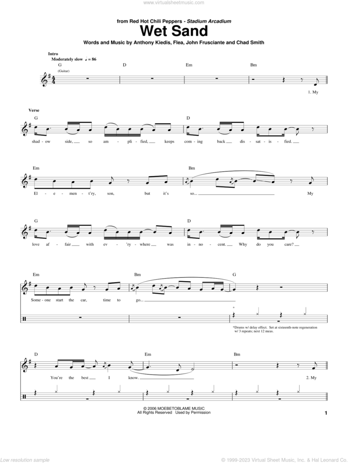 Wet Sand sheet music for drums by Red Hot Chili Peppers, Anthony Kiedis, Chad Smith, Flea and John Frusciante, intermediate skill level