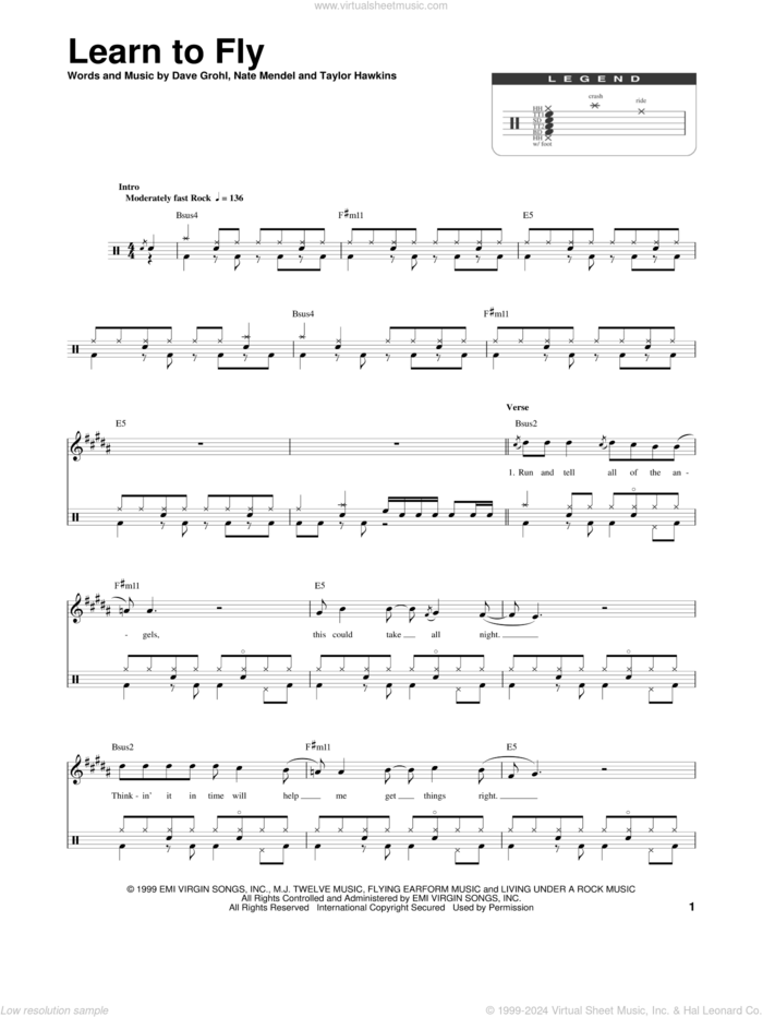 Learn To Fly sheet music for drums by Foo Fighters, Dave Grohl, Nate Mendel and Taylor Hawkins, intermediate skill level