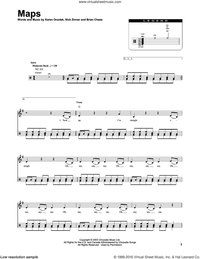 Maps sheet music for drums by Yeah Yeah Yeahs, Brian Chase, Karen Orzolek and Nick Zinner, intermediate skill level