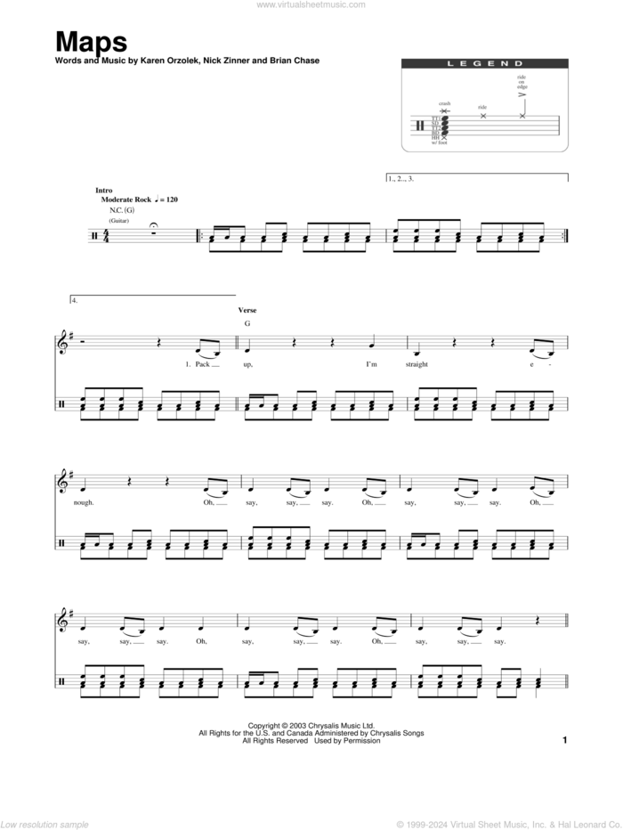 Maps sheet music for drums by Yeah Yeah Yeahs, Brian Chase, Karen Orzolek and Nick Zinner, intermediate skill level