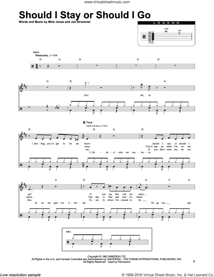 Should I Stay Or Should I Go sheet music for drums by The Clash, Joe Strummer and Mick Jones, intermediate skill level