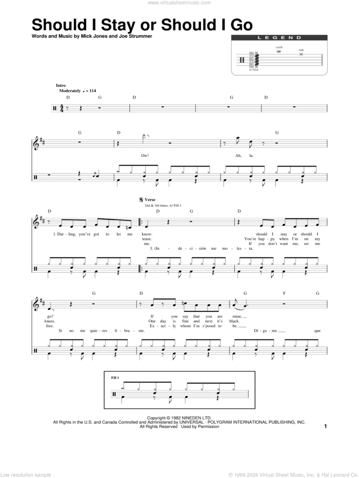 Should I Stay Or Should I Go sheet music for drums by The Clash, Joe Strummer and Mick Jones, intermediate skill level