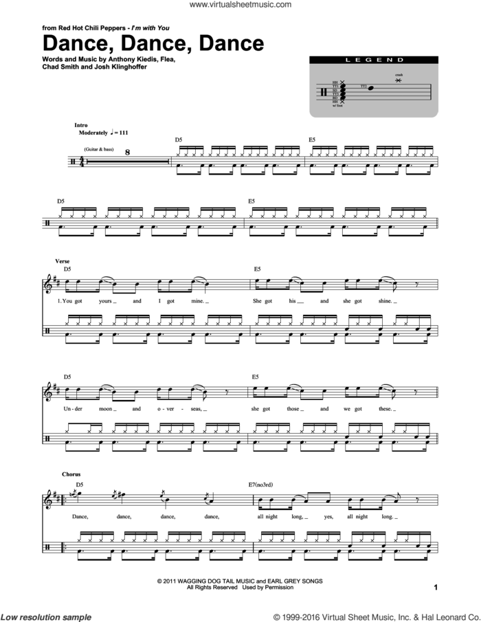 Dance, Dance, Dance sheet music for drums by Red Hot Chili Peppers, Anthony Kiedis, Chad Smith, Flea and Josh Klinghoffer, intermediate skill level